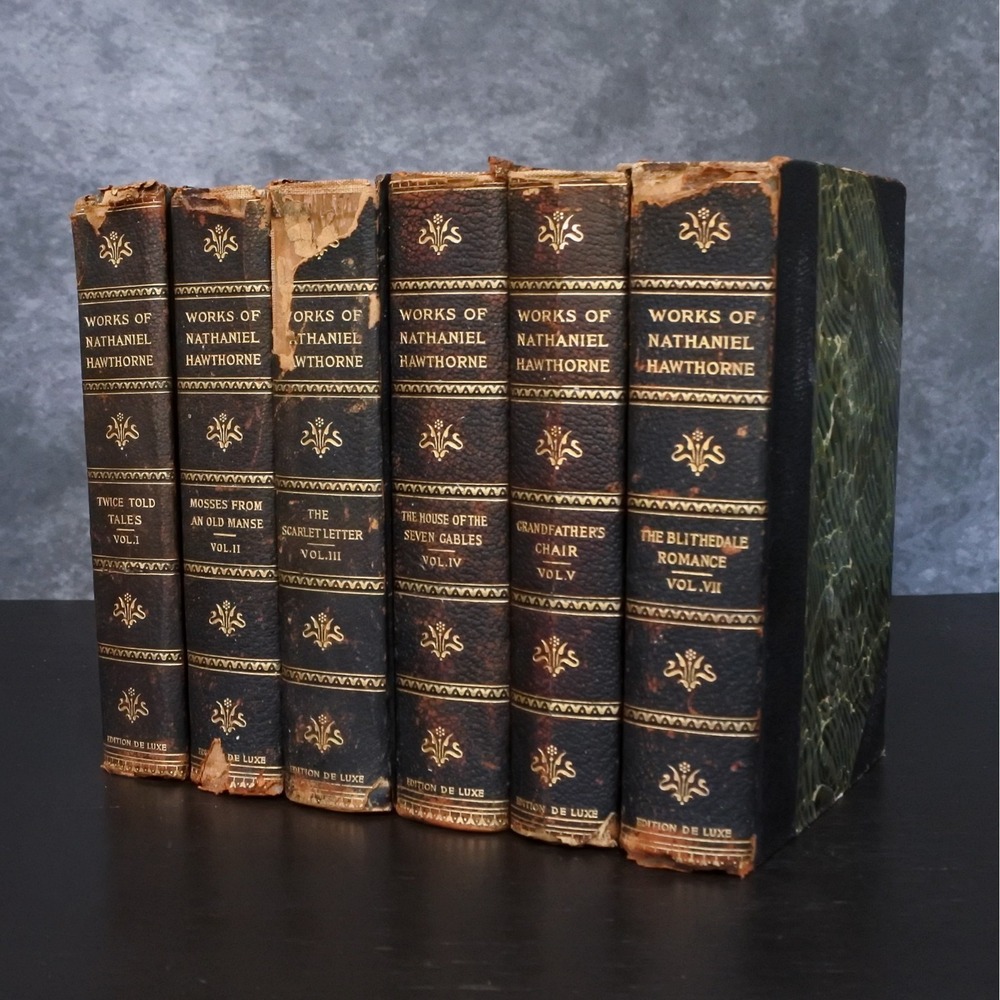 Antique Nathaniel Hawthorne Leather Hardcover Book Set Shabby Shelf Decor Stack